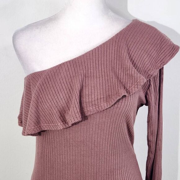 Michael Lauren Mauve Ribbed Knit One Shoulder Top Ruffle Accent NWT Size Large - Picture 2 of 11